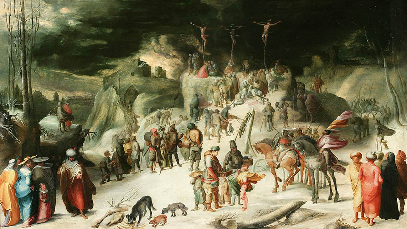 landscape with snow and the crucifixion
